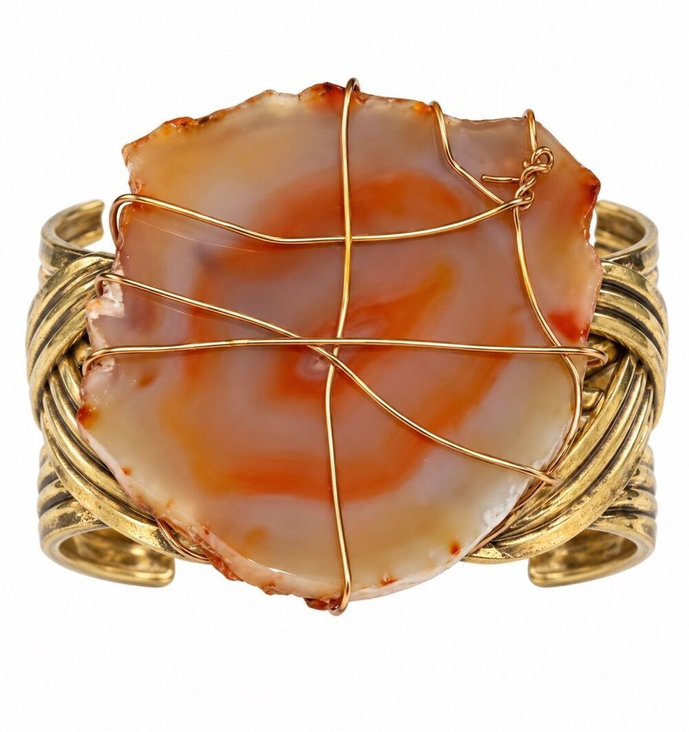 Gold Tone Wire Wrapped Agate Slice Statement Cuff Bracelet